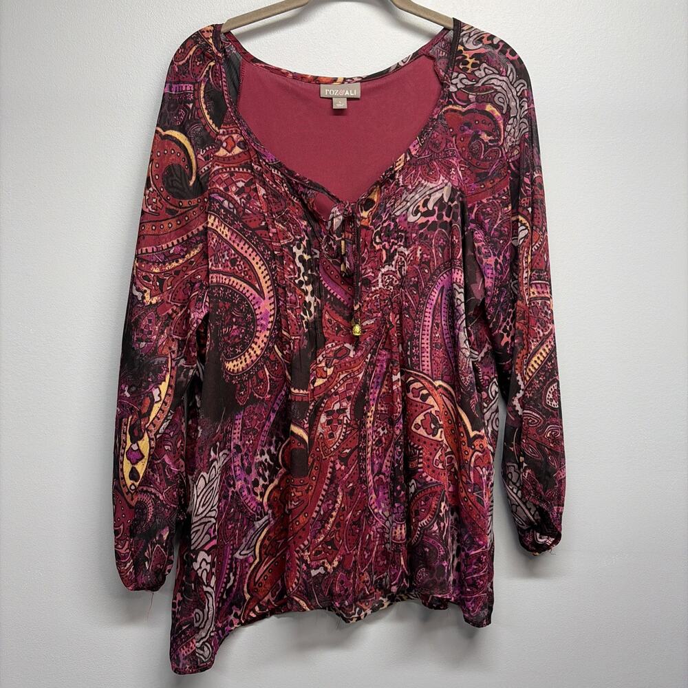 Roz & Ali Top Women Size Large - Paisley Pleated Sheer Sleeve V-Neck Blouse
